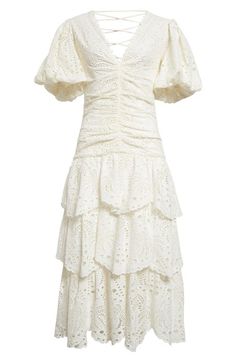 "Find FARM RIO Eyelet Puff Sleeve Tiered Cotton Midi Dress on Editorialist. Look delectable in this laced-back dress of airy embroidered eyelets that's shaped by center ruching and framed by puff sleeves. 48 1/2\" length (size Medium) Hidden side-zip and lace closure Deep V-neck Short sleeves Lined 100% cotton Hand wash, dry flat Imported FARM Rio will plant one tree for every purchase of its product as a partner of the global reforestation nonprofit One Tree Planted Hispanic & Latinx Owned/Founded" Lace Back Dresses, Cotton Midi Dress, One Tree, Farm Rio, Lace Back, Lace Closure, Nordstrom Dresses, Dress Backs, Deep V Neck