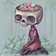 a drawing of a skull with candy in it's head sitting on a rock