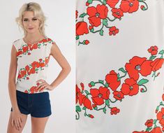 "Vintage 70s tank top in white with a floral poppy print. Please see measurements and condition below. Every garment we sell is authentic vintage! You will receive the exact item photographed. Condition: Very good vintage. Best fits women's: Extra small to small Material:  Feels like Polyester MEASUREMENTS Taken from seam to seam while the garment is lying flat. Double the armpit, waist, and hips For reference, model is 5'7\" and measures 31-23-35. Length from Top: 19\" Armpit to Armpit: 18\" Wa Hippie Blouse, 70s Hippie, Summer Retro, Poppy Print, Floral Tank Top, Floral Tank, Boho Vintage, Poppy Flower, Sleeveless Shirt