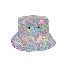 Bucket Hat, Blue Pink Bucket hat, Hippie Hat, Mushroom Print Hat, Multicolor Hat, Cute hat, Kawaii Hat, Kawaii Print Hat, Kawaii Bucket hat Handmade to order. Designed in California. hand sewn overseas. A unisex bucket hat I designed for those who loves mushrooms. It is just too adorable in pastel mushrooms pattern print. Perfect to wear at the beach, hiking or simply wear it for fun as an everyday sun protection! Material: 100% Polyester Weight: 8.82 Oz Size: The circumference inside the hat: 2 Casual Adjustable Costume Hat With Short Brim, Playful Adjustable Brimmed Hat, Playful Brimmed Adjustable Hat, Casual Multicolor Brimmed Hat, Playful Adjustable Bucket Hat, Retro Multicolor Bucket Sun Hat, Trendy Multicolor Bucket Hat With Short Brim, Trendy Multicolor Bucket Hat With Curved Brim, Playful Adjustable Hats For Spring