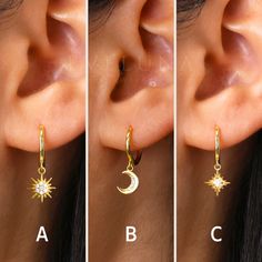 [ OPTIONS ]  *SINGLE: 1x single earring only *PAIRS: 2x earrings (select this option if you are looking for an earring for both ears!) [ EARRING MEASUREMENTS ]  Hoop Inner Diameter: 9mm A - Charm Dimensions: 7mm x 7mm B - Charm Dimensions: 6.5mm x 6.5mm C - Charm Dimensions: 5mm x 5mm Post Gauge (Thickness):  *18G (1.00mm) [ MATERIALS ]  *Crafted with .925 sterling silver  *100% nickel-free  *Gold: 18K gold plated  *Silver: Rhodium Plated  *Gemstones: AAA Grade Lab Simulated Diamonds 🤍 Only HYP Celestial Style Everyday Earrings, Celestial Hoop Earrings With Star Charm, Celestial Huggie Earrings With Moon Charm, Celestial Hoop Earrings With Star Charm For Everyday, Celestial Style Hoop Earrings For Everyday Wear, Celestial Small Hoop Huggie Earrings, Celestial Huggie Hoop Earrings, Celestial Star Cartilage Earring, Celestial Huggie Hoop Earrings For Everyday