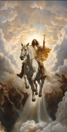 a painting of jesus riding on the back of a white horse in front of clouds