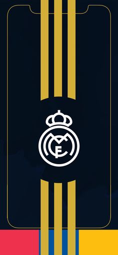 the real madrid logo is shown on a black and yellow striped background with blue stripes