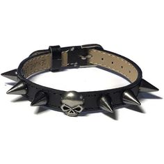 "Love skulls?  You'll love this bracelet! It's a real eye catcher! It has an antique silver/gunmetal skull head  stud with round spikes evenly spaced across the center of a genuine black leather buckle bracelet wristband strap. This black leather buckle wristband bracelet strap is 10mm wide and about 8 inches long.   It can fit a wrist from 5.5\"  to 7.5\" around.  The strap is made of Genuine leather material and are stamped as such on the back. They are sewn around the edges for more durabilit Heavy Metal Accessories, Spike Wristband, Emo Bracelets, Goth Bracelets, Punk Bracelets, Alt Accessories, Cool Bracelets, Emo Accessories, Goth Stuff