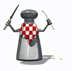 an image of a cartoon character holding a knife and fork in one hand while wearing a checkered shirt on the other