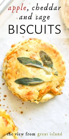 an apple, cheddar and sage biscuits recipe on a white surface