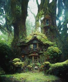 a house in the middle of some trees with moss growing on it's roof