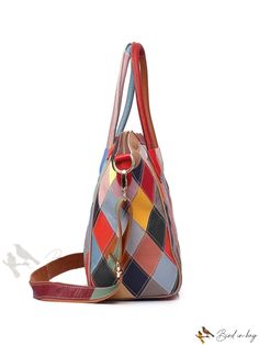 Bird in Bag - Genuine Leather Rhombic Grid and Colorblock Fashion Tote Bag with Top Handle Multicolor Color Block Bag For Daily Use, Multicolor Color Block Bag For Shopping, Multicolor Color Block Shopping Bag, Multicolor Square Color Block Bag, Multicolor Color Block Satchel Bag, Trendy Patchwork Tote Bag, Multicolor Color Block Tote Shoulder Bag, Square Color Block Bags For Shopping, Square Color Block Shopping Bag