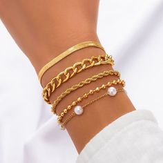 Description:Chic Pearl Charm Stackable Bracelet SetSpecification:Size: 5.5" + 1.9â€?extWeight: 0.58 oz/setMaterials: Artificial Pearl. Alloy Metal. CopperChain Colors: GoldFeatures & Details:Pearls are symbolic of wisdom gained through... Boho Style Accessories, Bracelet Sets, Bracelets Design, Bangle Bracelet Set, Small Shops, Stackable Bracelets, Bangle Designs, Dainty Bracelets, Fall Jewelry