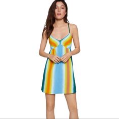 New With Tag Size Xxs Multi Colors Spaghtti Straps Criss Cross Pattern In The Back V-Neckline Make You Offer Yellow Mini Dress With Spaghetti Straps For Summer, Yellow Spaghetti Strap Mini Dress For Summer, Fitted Casual Sundress For Poolside, Casual Fitted Sundress For Poolside, Trendy Yellow V-neck Mini Dress, Trendy Yellow Beach Sundress, Multicolor Mini Dress For Poolside Summer, Yellow Mini Dress With Spaghetti Straps For Beach, Yellow Beach Mini Dress With Spaghetti Straps