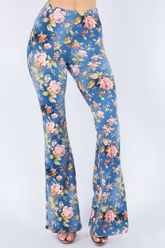 Blue and Blush Floral Bell Bottom Leggings – Pink House Boutique #bellbottoms #floral #outfits #hippie #boho Printed Bell Bottoms, Printed Flare Pants, Velvet Flares, Western Graphic Tees, Fun Pants, Floral Denim, Fringe Jacket