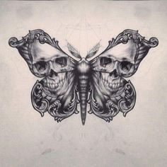 a drawing of a butterfly with two skulls on it's wings and an intricate design