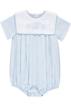 Carriage Boutique's Personalized Blue Baby Boy Classic Monogram Romper will be treasured for generations. This stunning newborn and infant romper features an elegant blank collar for matching custom embroidery. The traditional outfit is a classic piece of clothing perfect for any spring or summer special occasion. 100% cotton. Machine washable. Boys Smocked Outfits, Baby Boy Easter Outfit Infants, Bubble Clothes, Baby Boy Monogram, Baby Boy Easter, Boys Easter Outfit, Long Outfit, Smocked Clothes, Traditional Outfit