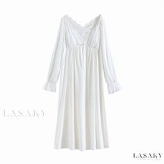 Lasaky - Vintage Lace Princess Nightgown with Long Sleeves, Cotton Fabric and Built-in Push-up Padding White Lace Trim Sleepwear For Home, Long Sleeve Sleepwear With Lace Trim For Pajama Party, Long Sleeve Nightgown With Lace Trim For Sleepover, Long Sleeve White Nightgown For Sleep, White Long Sleeve Nightgown For Pajama Party, White Long Sleeve Nightgown For Sleep, Long Sleeve Lace Trim Sleepwear For Sleepovers, Long Sleeve Sleepwear With Lace Trim For Loungewear, White V-neck Sleepwear For Sleepover