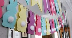 colorful paper buntings hanging from the ceiling