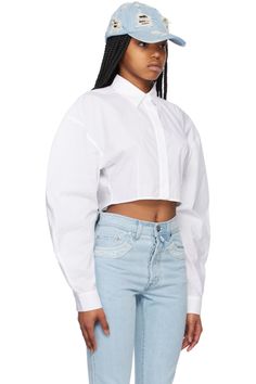 White Archer Shirt by 032c on Sale Balloon Sleeve Shirt, Cotton Poplin Shirt, Poplin Shirt, Balloon Sleeves, Crop Shirt, Curator Style, Collar Shirts, Cotton Poplin, Luxury Streetwear