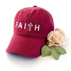 Christian Baseball Hat | Embroidered Faith Hat in Red Red Cotton Trucker Hat With Curved Brim, Red Trucker Hat With Letter Print And Curved Brim, Red Adjustable Snapback Hat With Curved Brim, Red Cotton Trucker Hat With Curved Bill, Red Curved Bill Hat With Embroidered Logo, Red Trucker Hat With Embroidered Logo And Curved Brim, Red Hat With Embroidered Logo And Curved Bill, Red Adjustable Fitted Baseball Cap, Red Hats With Letter Print And Curved Bill