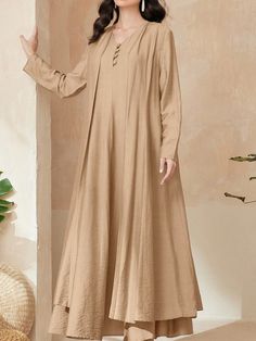 Women's Solid Color V-Neck Fold-Pleated Coat And Dress Set Khaki Casual    Plain  Non-Stretch  Women Clothing, size features are:Bust: ,Length: ,Sleeve Length: Simple Pakistani Dresses Casual, Abaya Mode, Pleated Coat, Kameez Design, Long Sleeve Flowy Dress, Coat And Dress, Hijab Simple, Pakistani Formal Dresses, Women Blouses Fashion