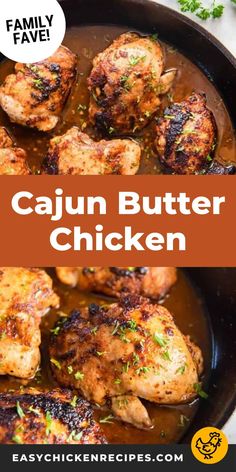 cajun butter chicken in a cast iron skillet with text overlay that reads cajun butter chicken