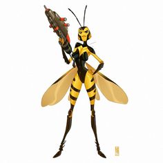 a drawing of a bee holding a rocket in its hand and looking at the camera