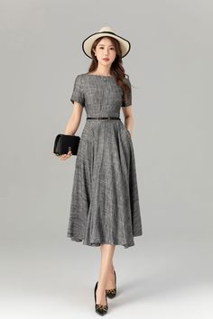 Gray fit and flare summer linen dresses 4914 – XiaoLizi Chic A-line Linen Dress, Gray Short Sleeve Midi Dress For Summer, Gray Knee-length Summer Midi Dress, Gray Knee-length Midi Dress For Summer, Elegant Summer A-line Linen Dress, Chic Gray A-line Dresses, Elegant Gray Summer Dresses, Elegant Short Sleeve Linen Midi Dress, Elegant Linen Midi Dress With Short Sleeves