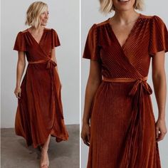 This Beautiful Rust Colored Wrap Dress Was Designed To Complement Your Natural Beauty! It Has A True Wrap Style With A Waist Tie. Feminine Flutter Sleeves With A Tulip Style Skirt - Longer In The Back With Slight Rise In The Front. Bump & Nurse Friendly! 100% Polyester Size M Bust 34”- 38” Waist 26”- 30” Center Back Length 60” Back Shoulder 13.8” * Hip Is Not Fitted So Allows Room For Hips If Necessary. Petite Style Outfits, Velvet Wrap Dress, Maxi Dresses Fall, Baltic Born, Ribbed Sweater Dress, Flowy Maxi Dress, Fall Wedding Dresses, Pleated Maxi Dress, Satin Maxi Dress