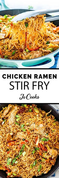 chicken ramen stir fry in a cast iron skillet with the title above it