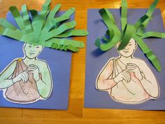 two pieces of paper that have been cut out to look like people with green hair