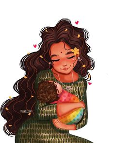 a drawing of a woman holding a baby in her arms with hearts around her neck