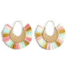 Gold Threader Earrings Featuring Cubic Zirconia Details And Raffia Accents Approximately 2.5" In Diameter Pink Hoop Earrings For The Beach, Elegant Multicolor Earrings For Beach, Multicolor Tassel Earrings For Beach In Spring, Multicolor Tassel Earrings For Summer, Gold Thread Earrings, Gold Threader Earrings, Threader Earrings Gold, Vintage Gold Earrings, Boutique Trends