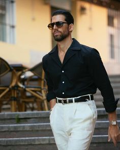 Shop our Men's Classic Black Linen Shirt. 100% Irish linen. Choose your fit & style. Custom made to your measurements, shipped worldwide. Black Shirt And White Pants Outfit, Black Shirt White Pants Men, Men Shirt Black, Mens Elegant Outfit, Men Outfit All Black, Unstructured Business Casual Shirt For Summer, Unstructured Shirt For Business Casual Summer, Business Casual Spread Collar Tops For Summer, Spread Collar Tops For Business Casual Summer