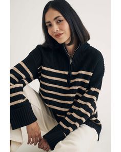 We've gone soft. Expertly crafted from a mix of recycled materials, this black jumper is finished with goes-with-everything biscuit stripes. Chunky ribbed trims and a half zip collar add to the cosiness. Style yours with your favourite denim. Black Dress Accessories, Denim Collar, Cord Dress, Half Zip Jumper, Pull Oversize, Zip Collar, Black Jumper, Essential Dress, Knitted Jumper