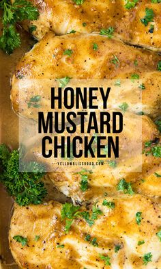 honey mustard chicken in a pan with parsley on top and the title overlay reads honey mustard chicken