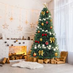 a decorated christmas tree in front of a fireplace with presents under it and lights on