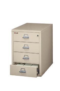 three drawer file cabinet with two open drawers on the front and one closed drawer on the back