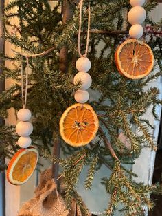 an orange ornament hanging from a tree with other ornaments on it's branches