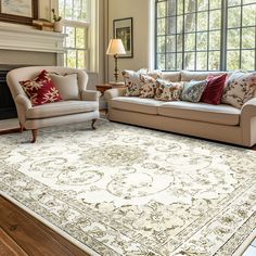 a living room filled with furniture and a rug on top of a hard wood floor