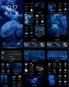 an image of jellyfishs in the ocean at night with blue lights on them