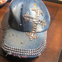 Cross Bling Denim Baseball Cap Silver Casual Snapback Hat, Casual Silver Snapback Hat, Casual Silver Hat, One Size Fits Most, Silver Casual Hat, Casual Silver Hat One Size, Casual Silver Hat, Bling Denim, Denim Baseball Cap, Blue And Silver