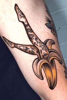 Tattoo Idea Traditional, Banana Tattoo Ideas, Neo Traditional Flash Art, Quirky Traditional Tattoo, Dessert Tattoo Ideas, Long Traditional Tattoo, Traditional Tattoo Art Sleeve, Love Flash Tattoo, Funny Traditional Tattoos