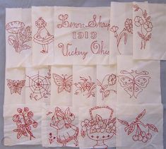 embroidered handkerchiefs with various designs on them and the words sunny blvd, victory club