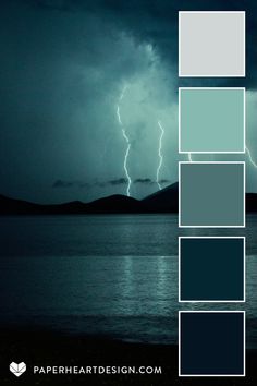 a dark blue and green color palette with lightning in the background