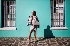 Printed bomber jacket IVYREVEL - Top GINA TRICOT - Skirt ASOS - Shoes NELLY - Bag GIVENCHY  | Kenza Zouiten Kenza Zouiten, Asos Shoes, Shades Of Blue, Givenchy, Dresses For Work, Asos, Bomber Jacket