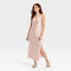 Women's Midi Slip Dress - A New Day™ Pink M Linen Shift Dress, Maxi Bridesmaid Dresses, Cloth Dress, Midi Slip Dress, Dion Lee, Maxi Slip Dress, Shirt Sweater, Midi Dress Casual, Women Midi