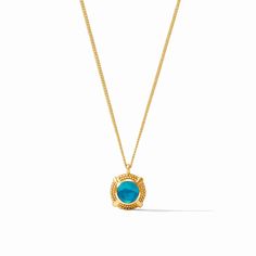 A polished round gemstone in a golden beaded setting with an X motif dangles from a delicate curb chain. • 24K gold plate, CZ • Length: 19 / 19.5 / 20 inches (adjustable) • Closes with toggle Julie Vos, Solitaire Necklace, Nautical Jewelry, Sorority Gifts, Solitaire Necklaces, Meaningful Jewelry, Fall Jewelry, Handbag Straps, Blue Pearl