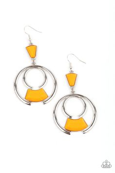 Bold silver circles create an eye-catching frame for a vibrant Marigold faceted bead. The trendy pendant sways from a Marigold triangular bead anchor for an embellished finish. Earring attaches to a standard fishhook fitting. Sold as one pair of earrings. Mobile Boutique, Orange Boxes, Orange Earrings, Yellow Earrings, Paparazzi Accessories, Earring Sale, Paparazzi Jewelry, Fish Hook, Faceted Bead