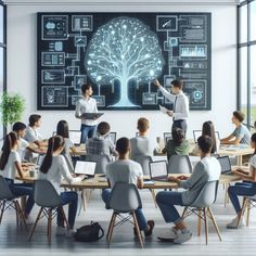 a group of people sitting at desks in front of a chalkboard with a tree on it