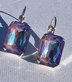 Lavender Purple Austrian Crystal Earrings, Bridal Earrings, 12mm Square Cut Crystal, Gift For Her, Crystal Earrings, Gift for her by frenchhouse on Etsy Lavender Purple, Square Cut, Shiny Silver, Bridal Earrings, Crystal Earrings, Prong Setting, Gift For Her