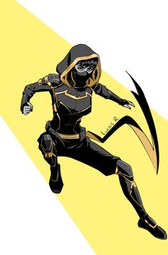 a drawing of a person in a black and yellow outfit running with an arm extended