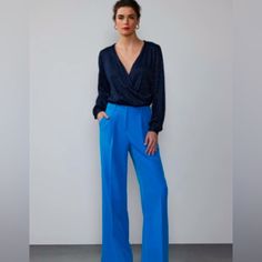 Wear These Beautiful Wide Leg Trousers Alone Or Bundle With The Coordinating Vest Which Is Also Being Sold Separately To Create The Perfect Power Suit. The Deep Azure Blue Color Is A Gorgeous Alternative To The Standard Neutral. Us Size: 14 Length Waist To Hemline: 43” Waist: 32-33” Fabrics: 80% Polyester, 11% Spandex Blue Trousers Outfit Casual, Royal Blue Dress Pants Outfit, Chic V-neck Business Casual Pantsuit, Chic Blue V-neck Pantsuit, Glamorous Long Sleeve Pantsuit For Work, Elegant Blue Party Bottoms, Blue Bottoms For Summer Evenings, Blue Bottoms For Summer Evening, Tailored Summer Party Pantsuit